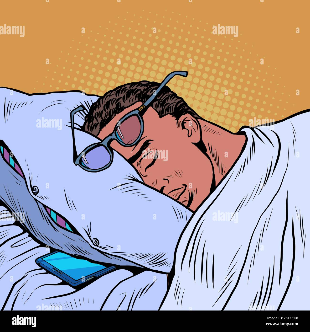 A black man is sleeping with glasses, a phone is lying next to him. Businessman daily routine Stock Vector