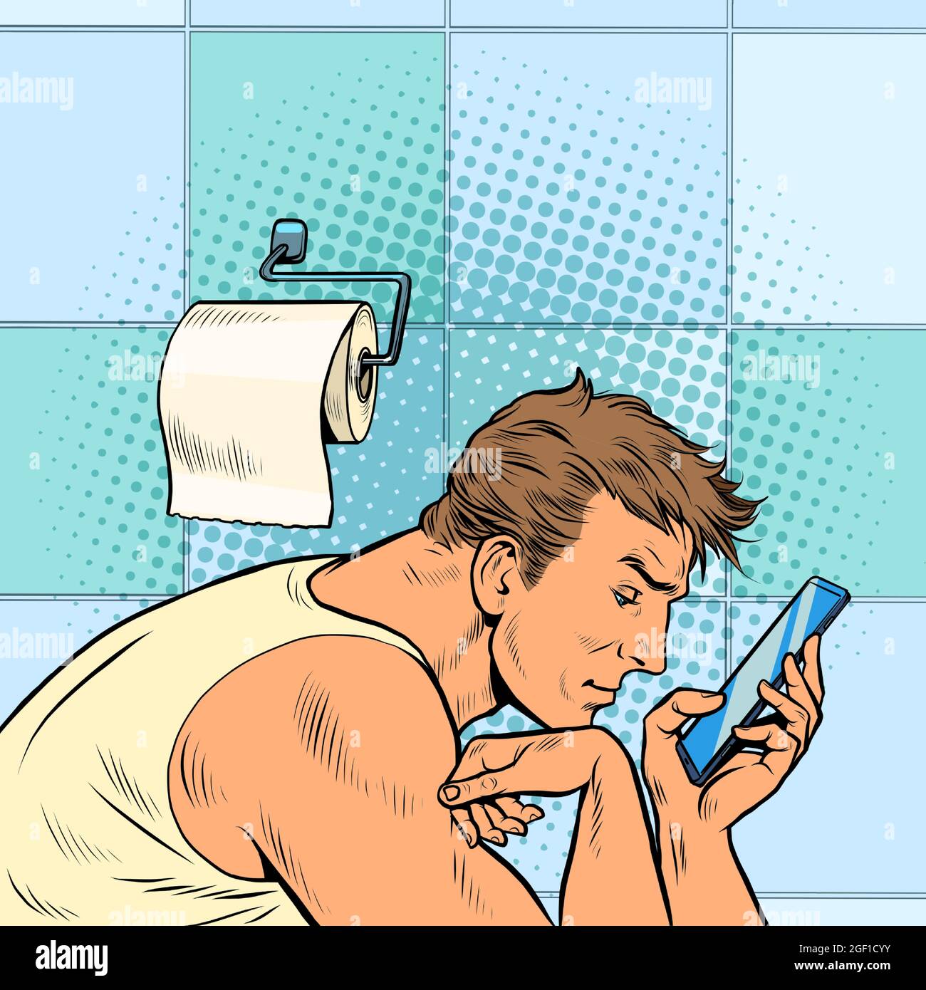 a man looks at the phone in the toilet. Morning reading of work mail. Businessman daily routine Stock Vector