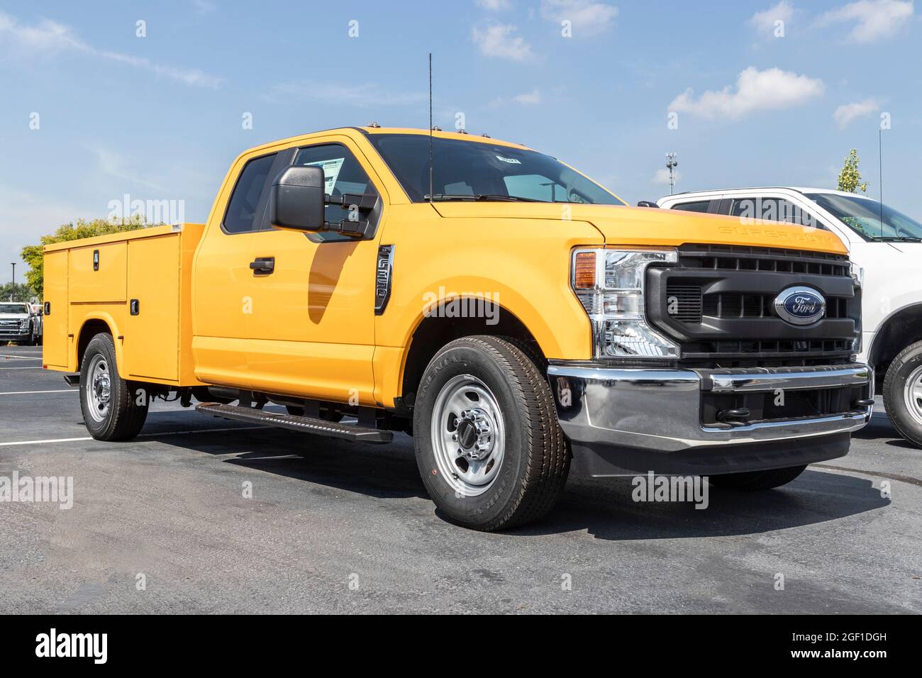 Indianapolis Circa August 2021 Ford F350 specialty truck display at a dealership. The Ford