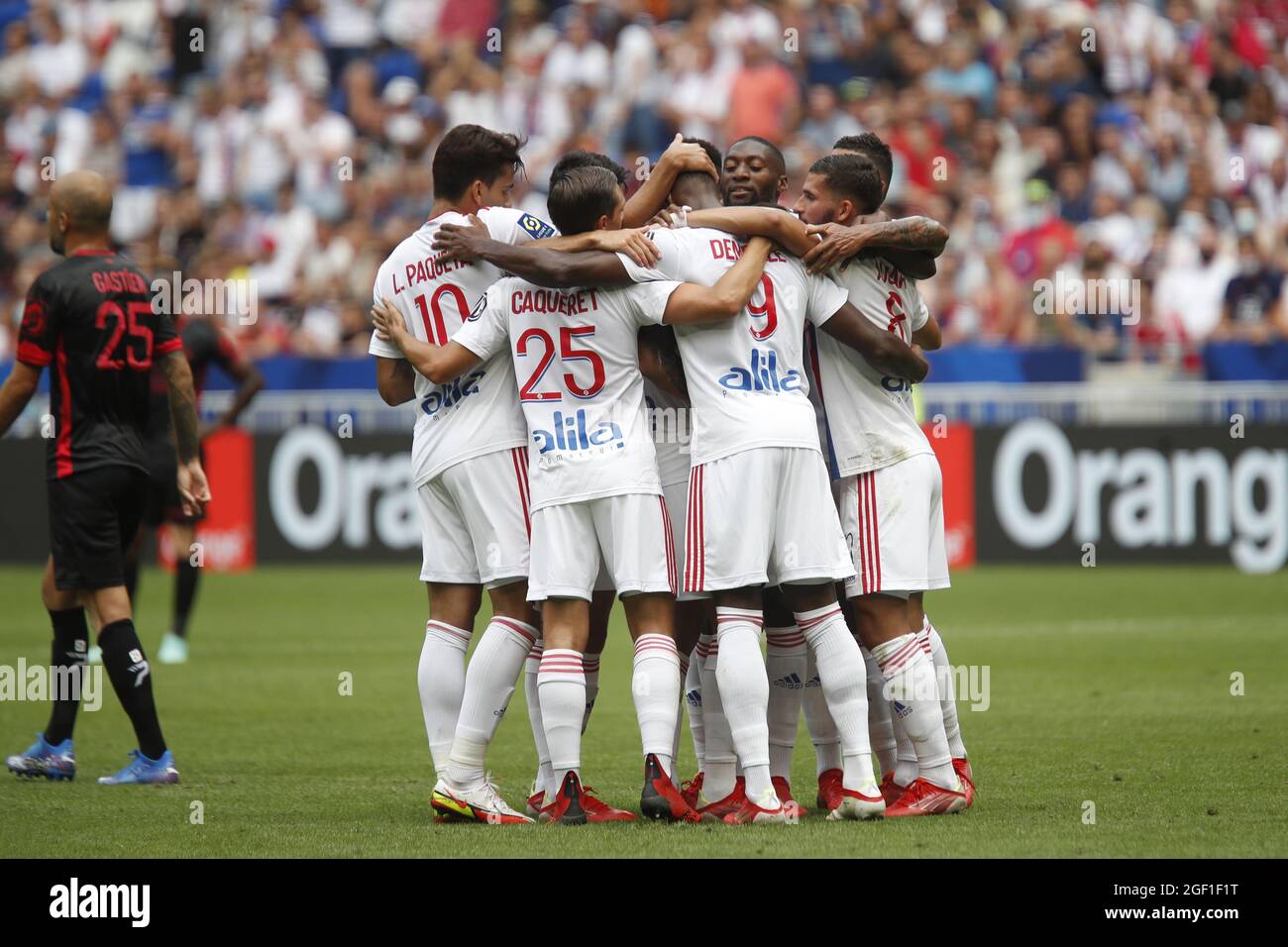 Moussa DEMBELE of Lyon and Karl TOKO EKAMBI of Lyon during the French championship Ligue 1 football match between Olympique Lyonnais and Clermont Foot 63 on August 22, 2021 at Groupama stadium in Decines-Charpieu near Lyon, France - Photo Romain Biard / Isports / DPPI Stock Photo