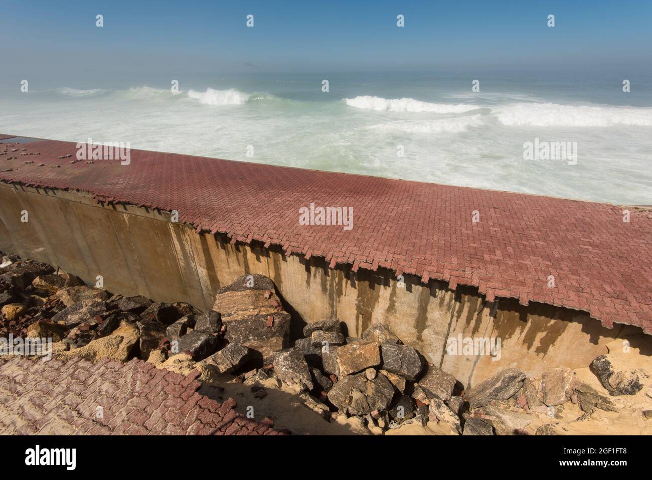 Promenade of Sao Conrado in Rio de Janeiro is Ruined by Strong Ocean Waves Stock Photo