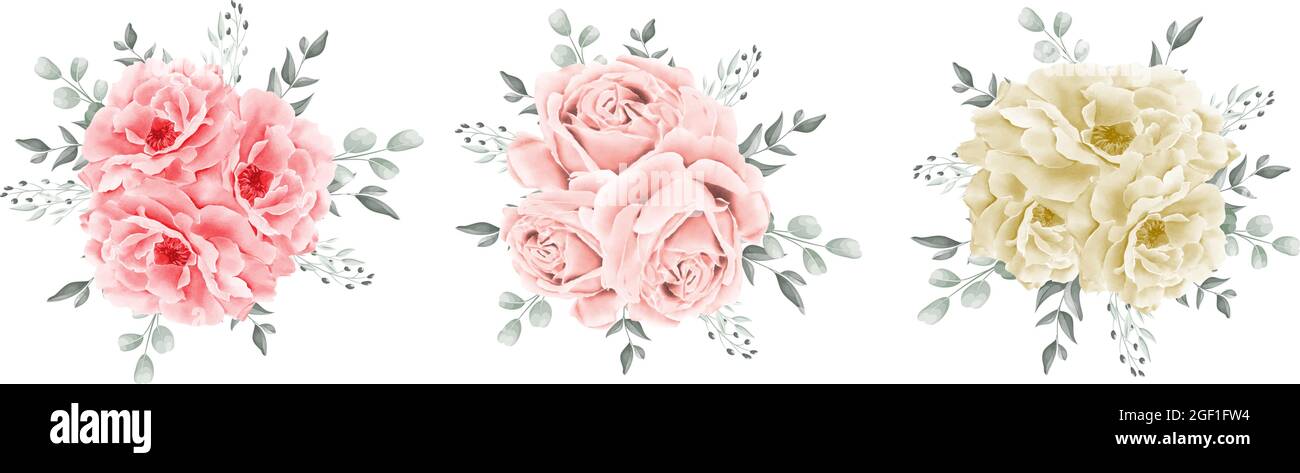 Beautiful rose bouquet watercolor set design element isolated on white ...