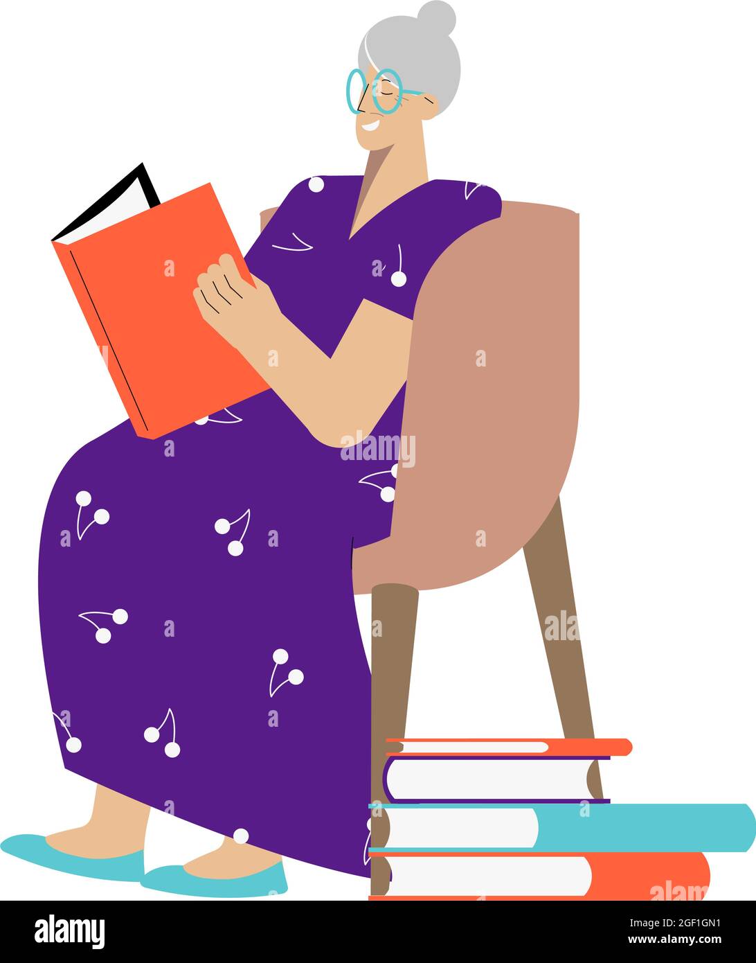 Happy elderly woman reading book in armchair flat vector illustration ...