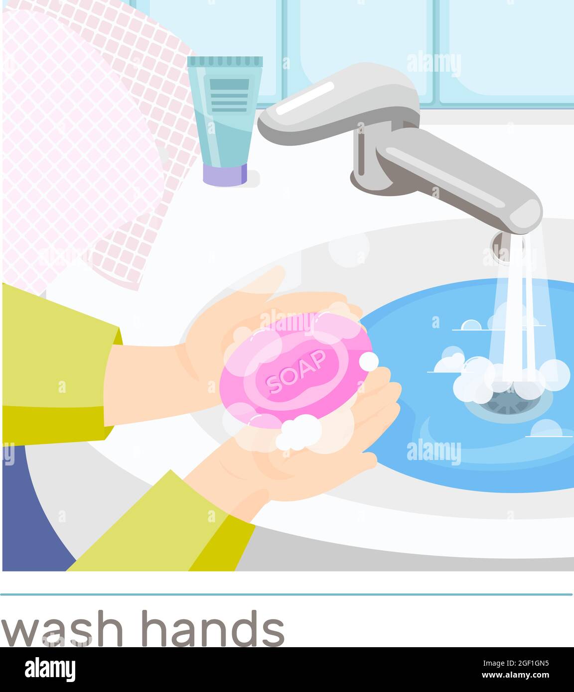Human washing hands with soap in sink flat composition vector illustration Stock Vector