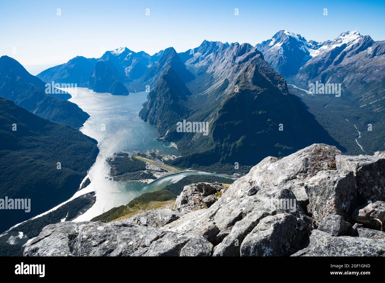 Deepwater Basin, Milford Sound and Mount Tutoko and Mount Madeline from Sheerdown Peak Stock Photo