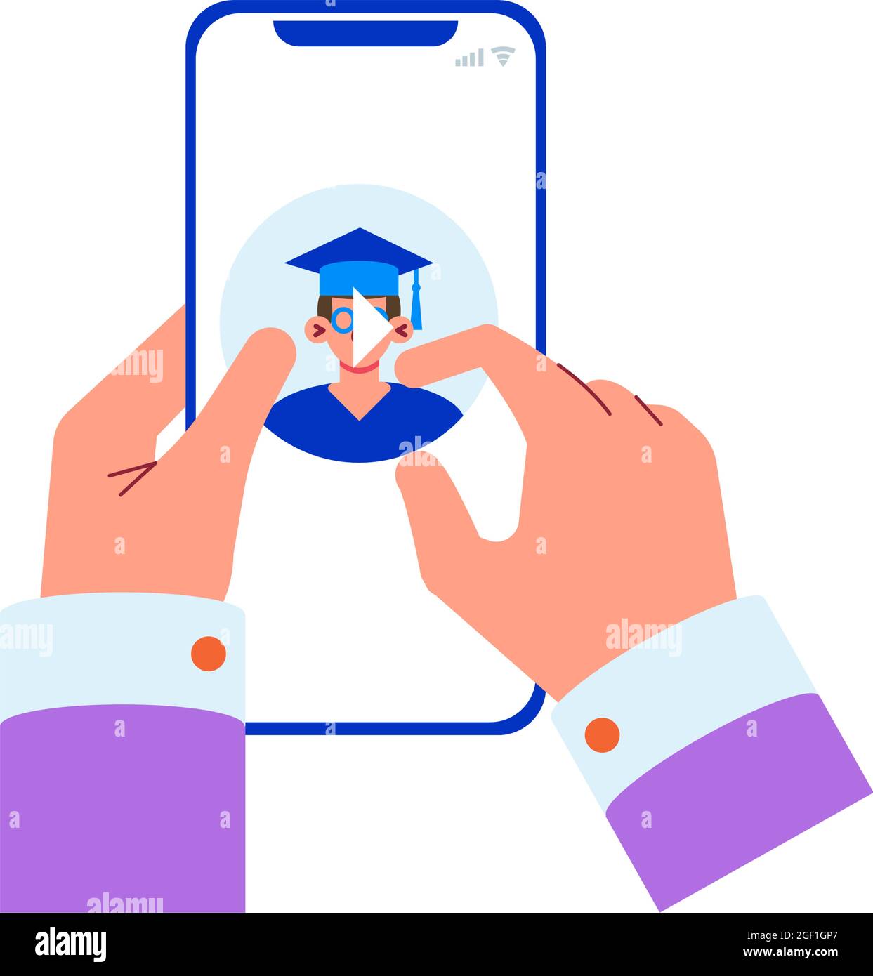 Online education flat concept with human hands pressing play button on video vector illustration Stock Vector