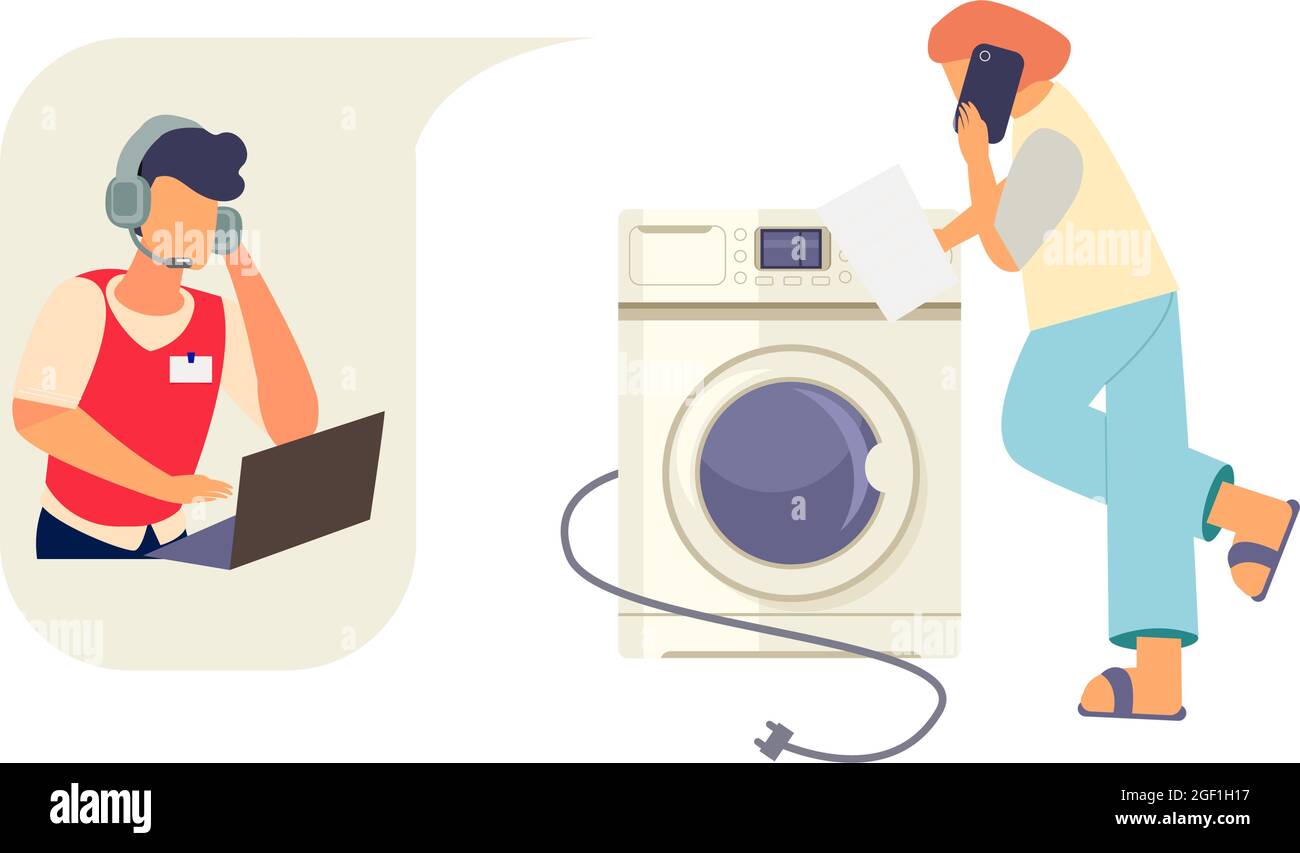 Woman with washing machine instruction calling technical support of appliance store flat vector illustration Stock Vector