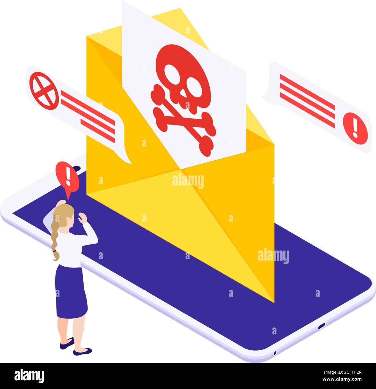 Data protection concept with panicking woman getting spam message on ...