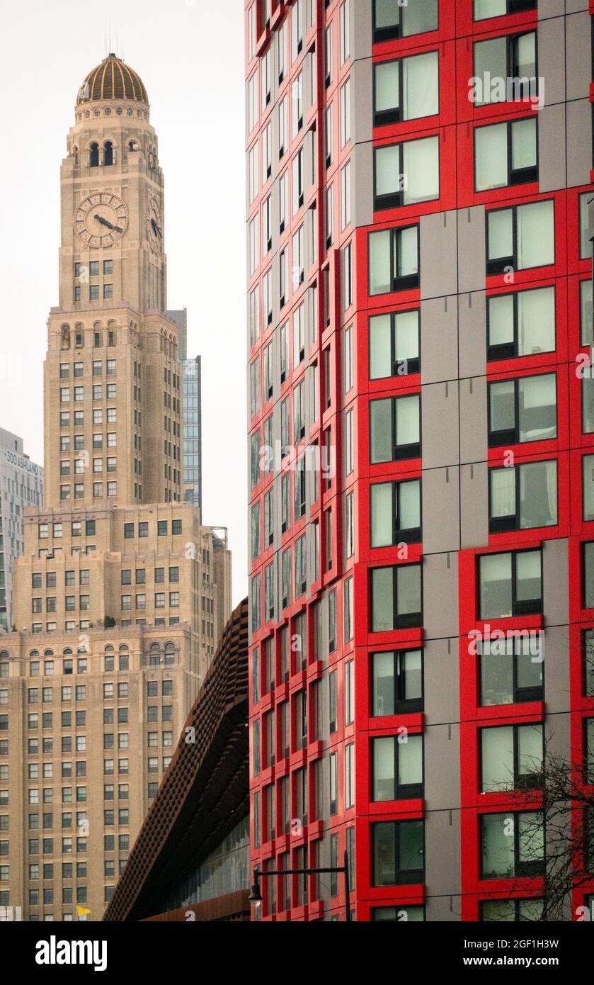 Williamsburg bank building with Barclays center and new housing in