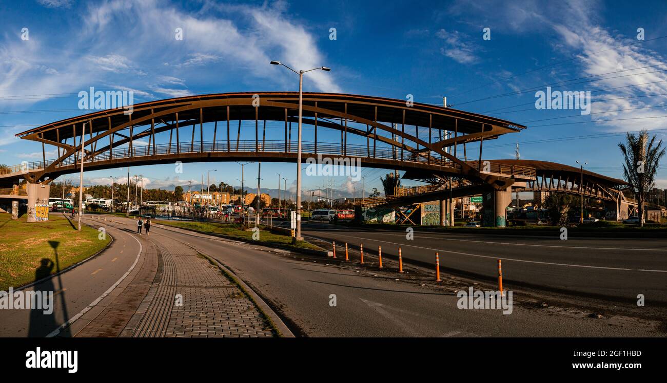 Guadua Bridge Jeny Garzón, Guadua wood pedestrian bridge over Calle 80, Bogota Colombia August 20, 2021 Stock Photo