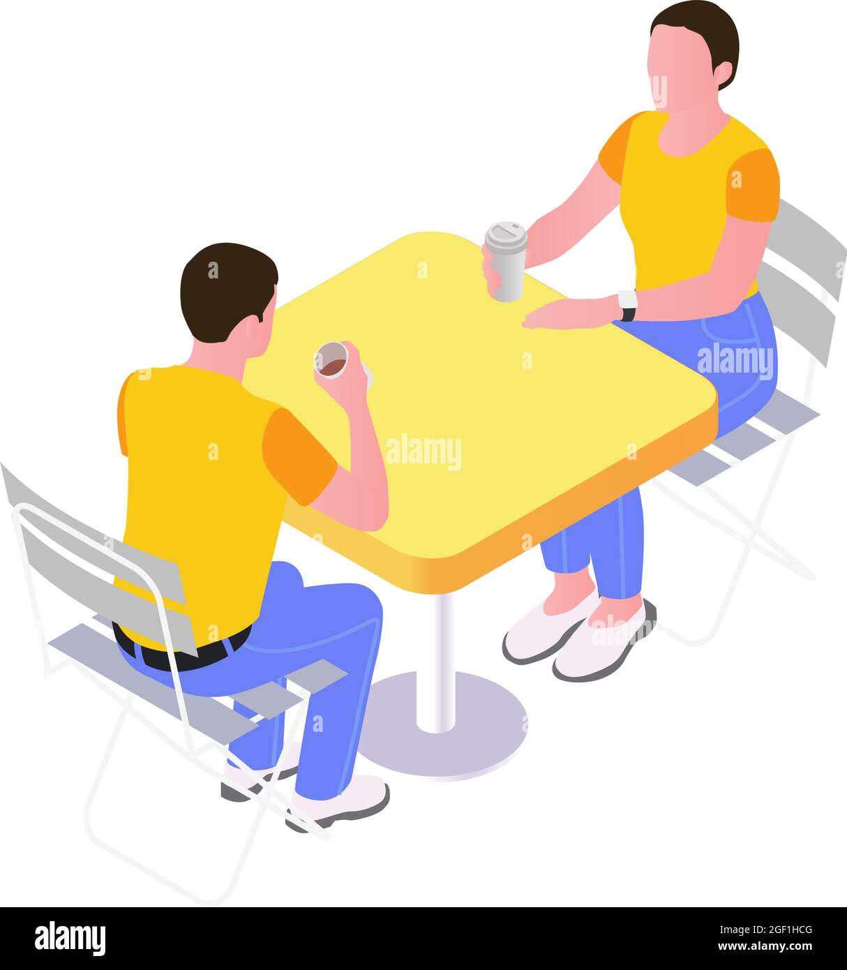 Two people drinking coffee from plastic glasses at outdoor cafe table