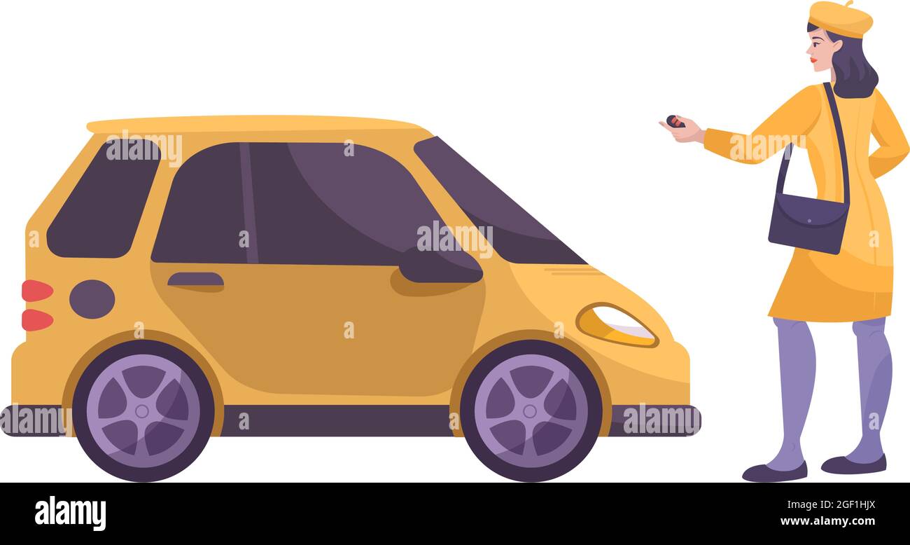 Parking flat composition with character of female driver locking her car vector illustration Stock Vector