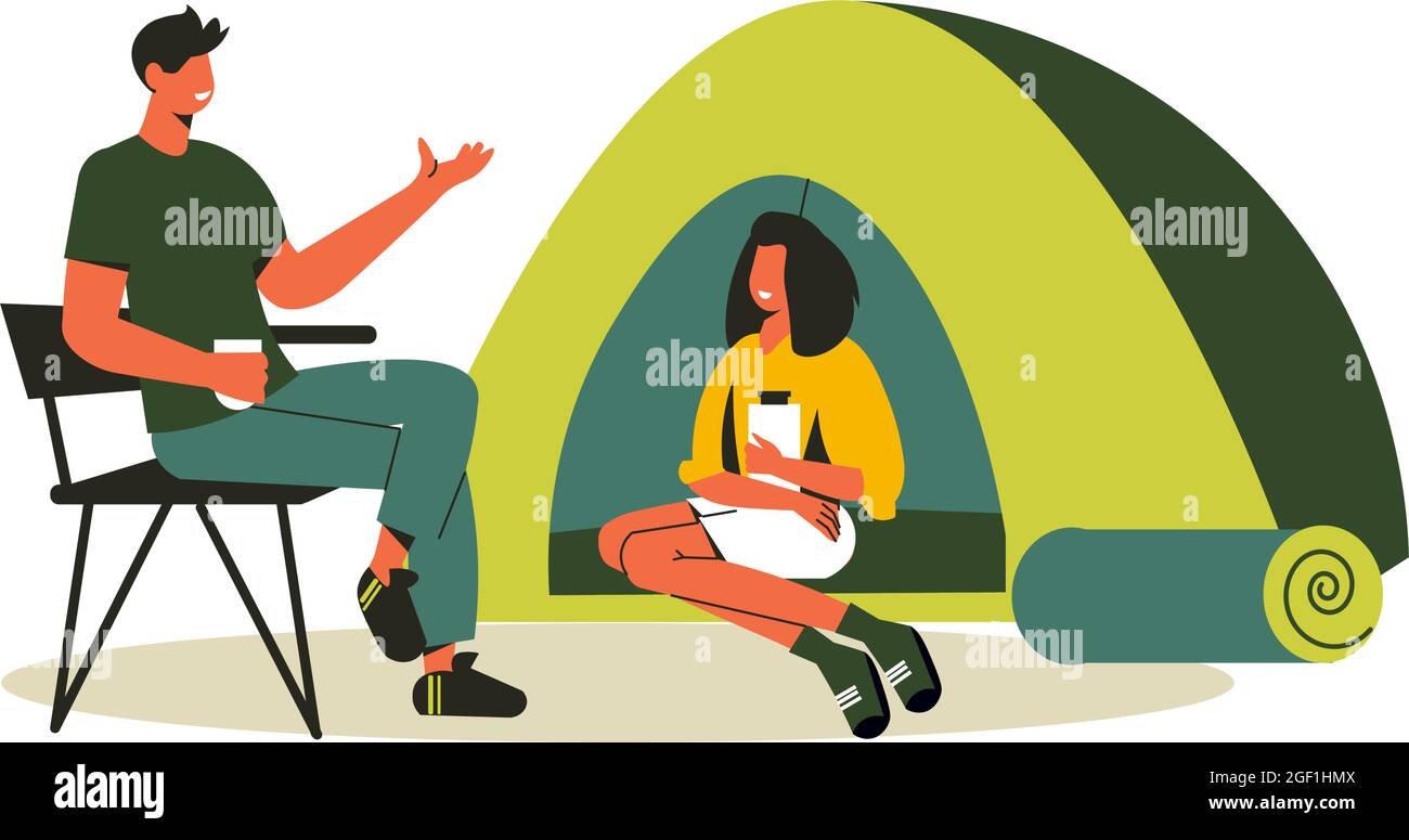 Hiking composition with woman sitting in tent and man on foldable chair ...
