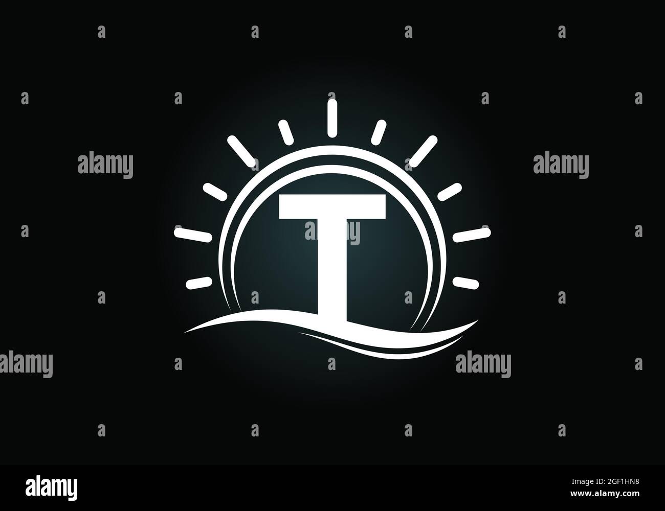 Initial T monogram alphabet with abstract sun and wave. Ocean sun logo ...