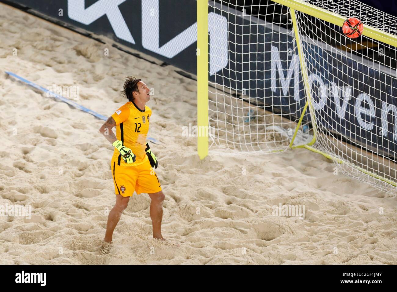 Moscow, Russia. 22nd August 2021; Luzhniki Stadium, Moscow, Russia: FIFA World Cup Beach Football tournament; Elinton Andrade from Portugal watches the shot hit his crossbar during the match between Portugal and Senegal, in the 2nd round of Group D Credit: Action Plus Sports Images/Alamy Live News Stock Photo