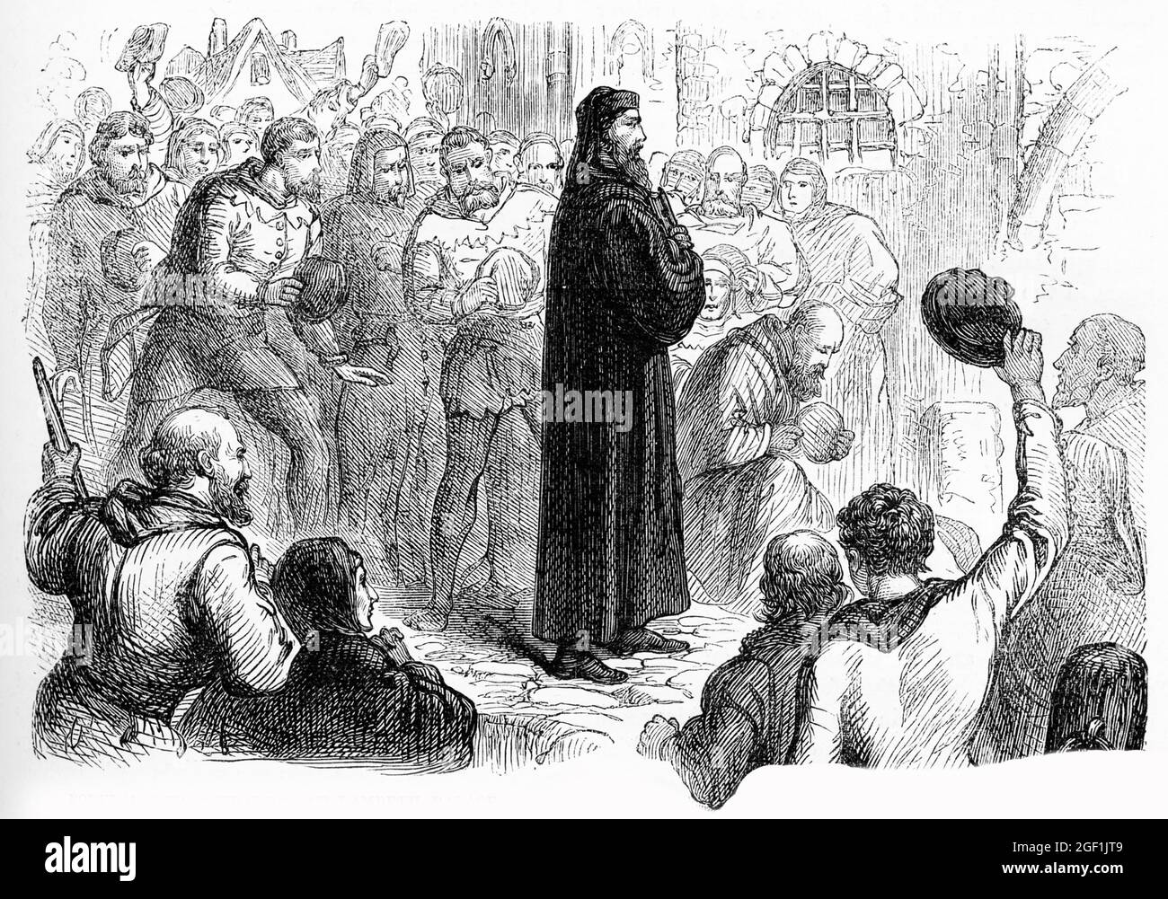 Engraving of a crowd making a popular demonstration in favour of the reformer, Professor John Wycliffe, at Lambeth Palace in England, circa 1380 Stock Photo
