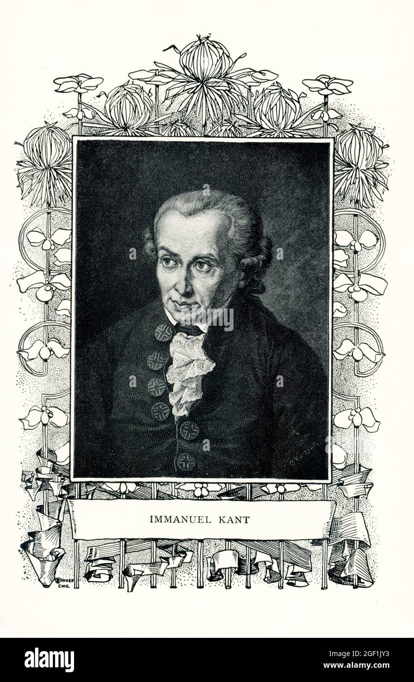 This 1899 illustration shows: “immanuel Kant.” Immanuel Kant (1724–1804) is the central figure in modern philosophy. He synthesized early modern rationalism and empiricism, set the terms for much of nineteenth and twentieth century philosophy, and continues to exercise a significant influence today in metaphysics, epistemology, ethics, political philosophy, aesthetics, and other fields. Stock Photo