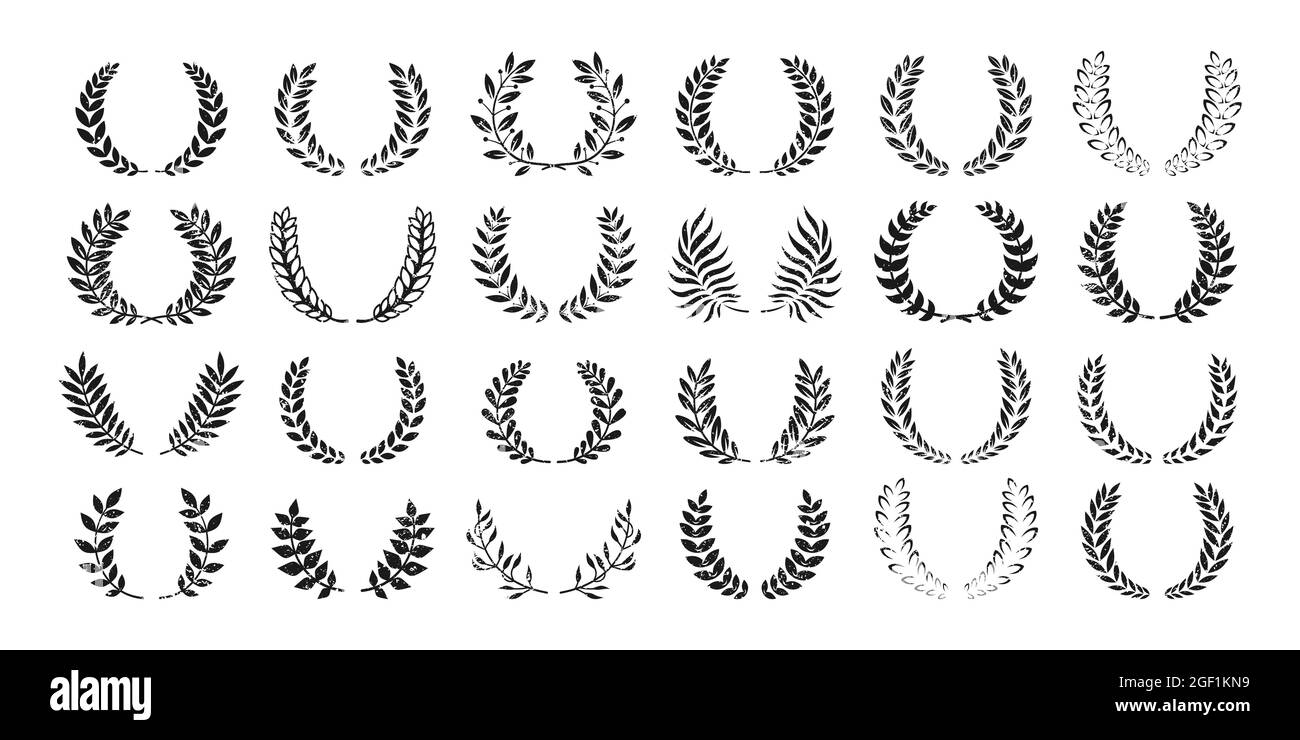 Laurel Wreath award or heraldry grunge set. Circular dirty laurel foliate wreaths award