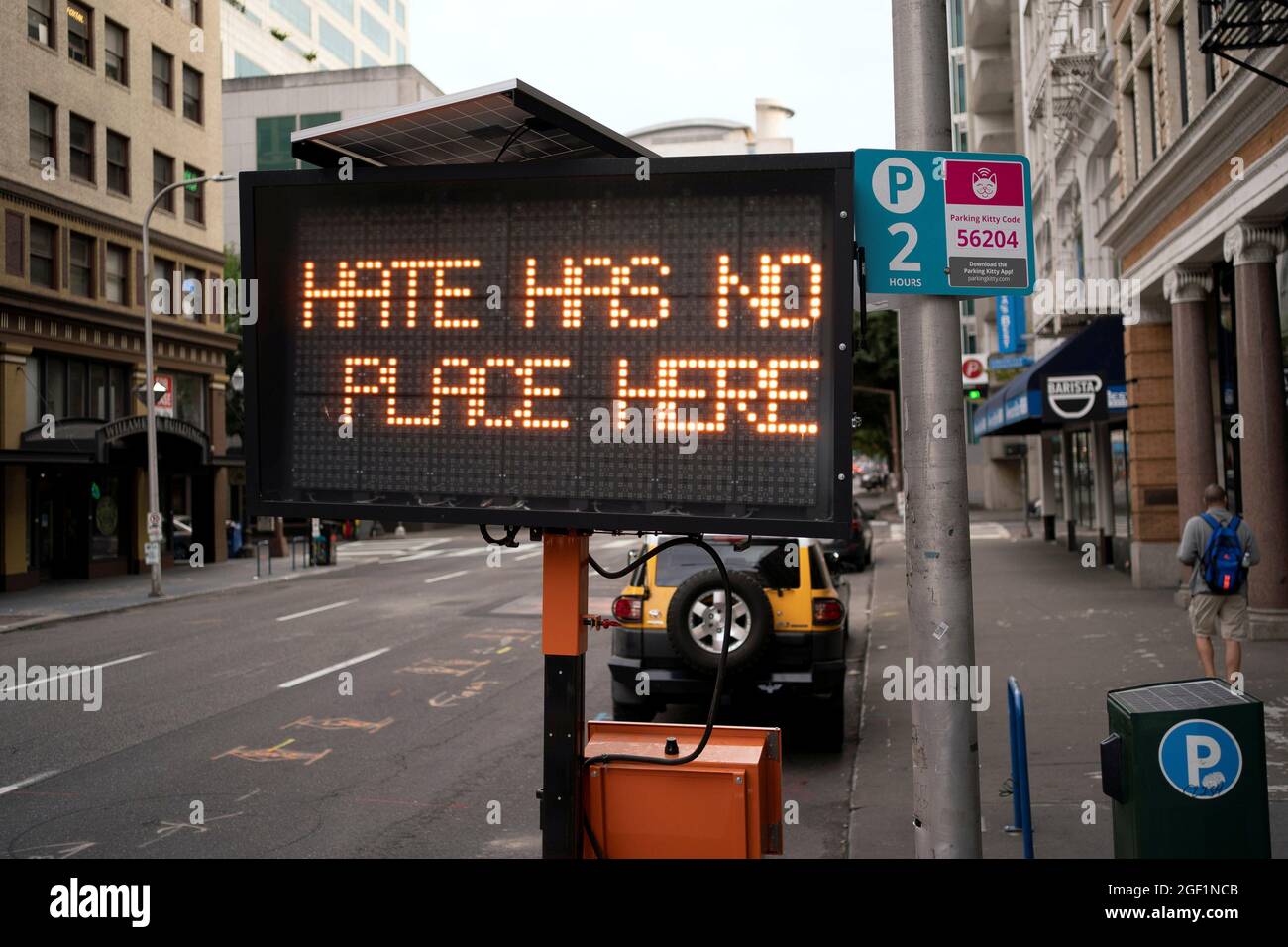 A sign reads 'Hate Has No Place Here' near the site of a shooting while far-right Proud Boys clashed with counter-protesters during rival rallies in Portland, Oregon, U.S., August 22, 2021.  REUTERS/David Ryder Stock Photo