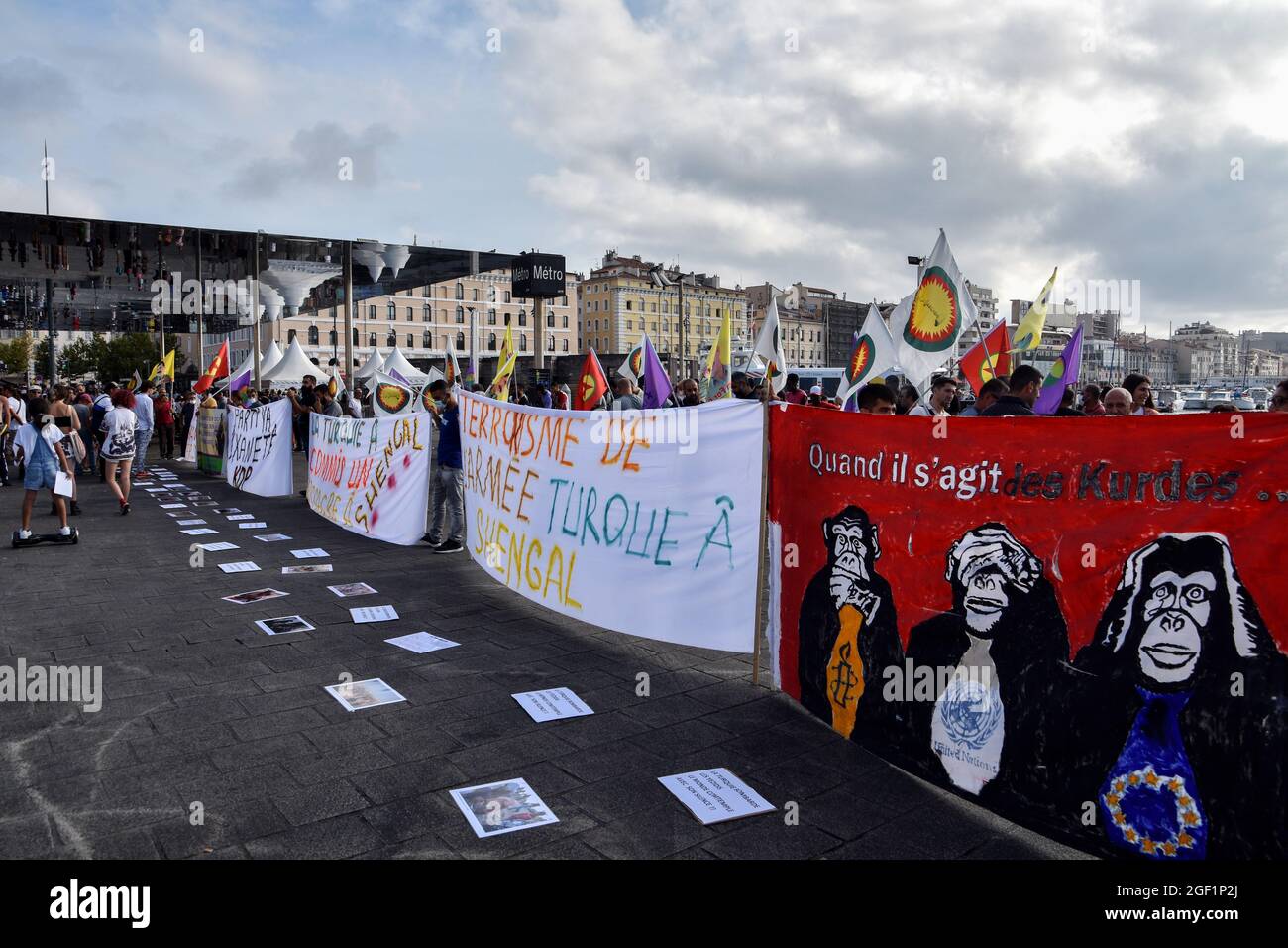 Marseille, France. 21st Aug, 2021. Protesters hold banners during the demonstration against fascism in Marseille.Kurds gathered at the Old Port of Marseille to protest against the Turkish airstrikes in Senegal and also to support the people of Afghanistan after the Taliban took overpower. Credit: SOPA Images Limited/Alamy Live News Stock Photo