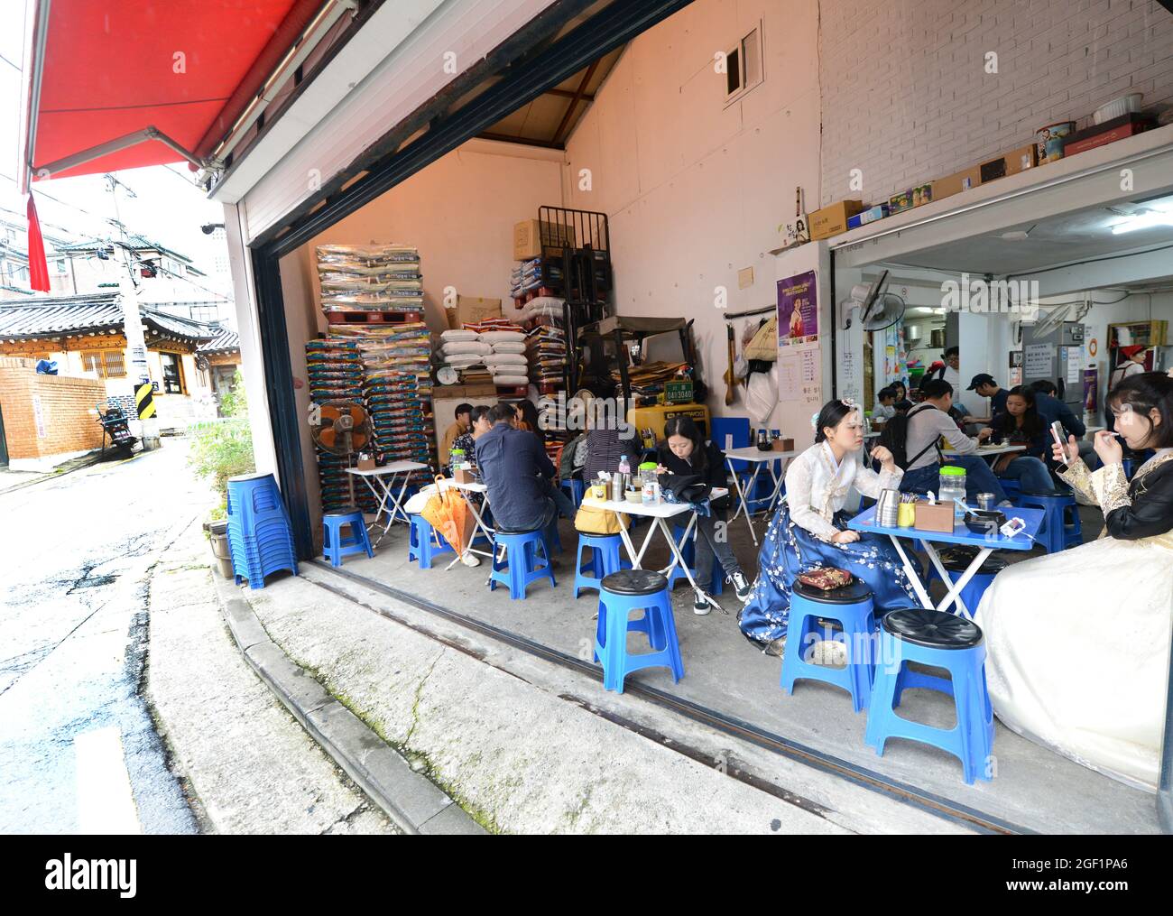 Tteok-bokki restaurant at the Bukchon Hanok village in Seoul, Korea. Stock Photo