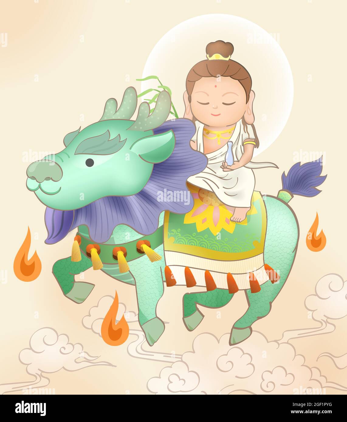 Guanyin the Goddess of Mercy sitting on auspicious animal. Chinese God. Cartoon Character. Stock Vector