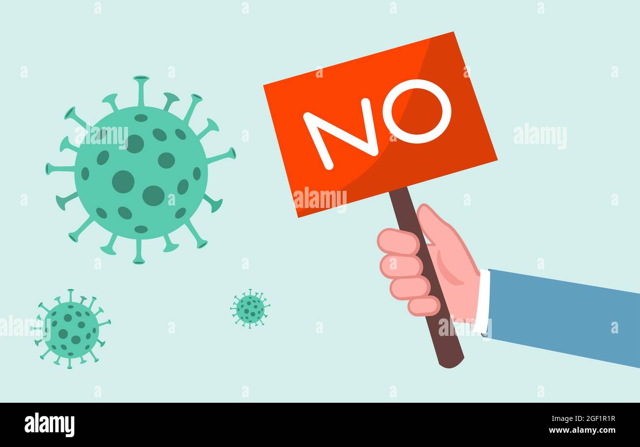 One hand holding NO sign rejects virus. Concept of illness prevention.Vector flat illustration. Stock Vector
