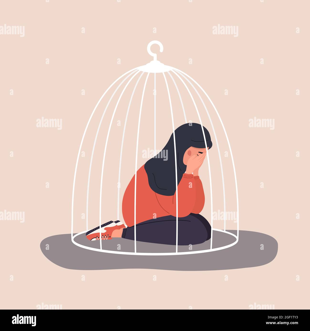 Muslim woman locked in cage. Sad teenager sitting on floor and crying. Social isolation concept. Female empowerment movement. Violence in family Stock Vector