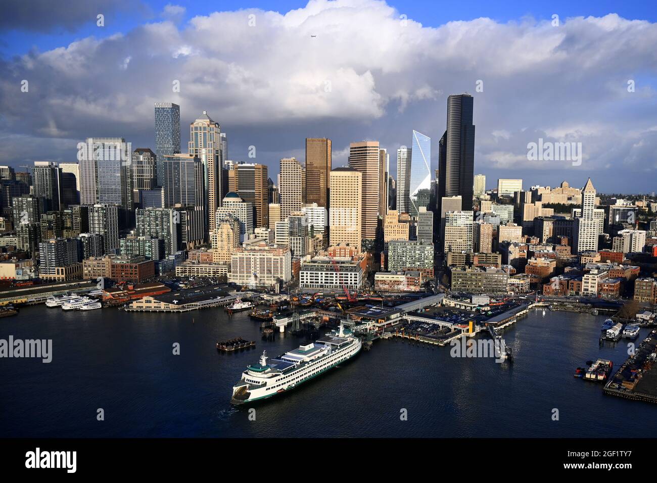 SEATTLE, WASHINGTON, USA, AERIAL VIEW, WITH PUGET SOUND FERRY IN PORT Stock Photo