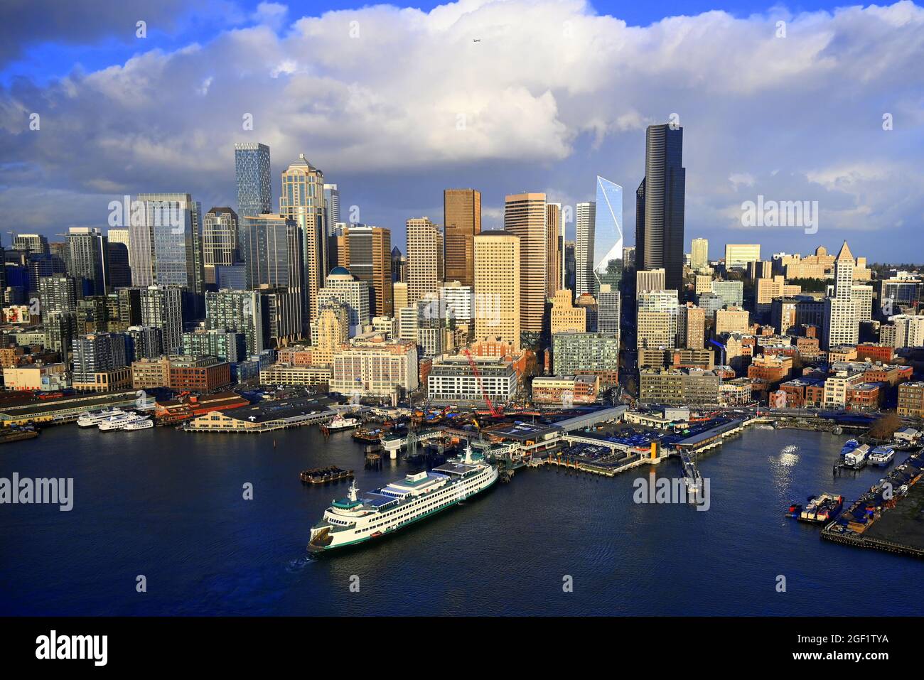 SEATTLE, WASHINGTON, USA, AERIAL VIEW, WITH PUGET SOUND FERRY IN PORT Stock Photo