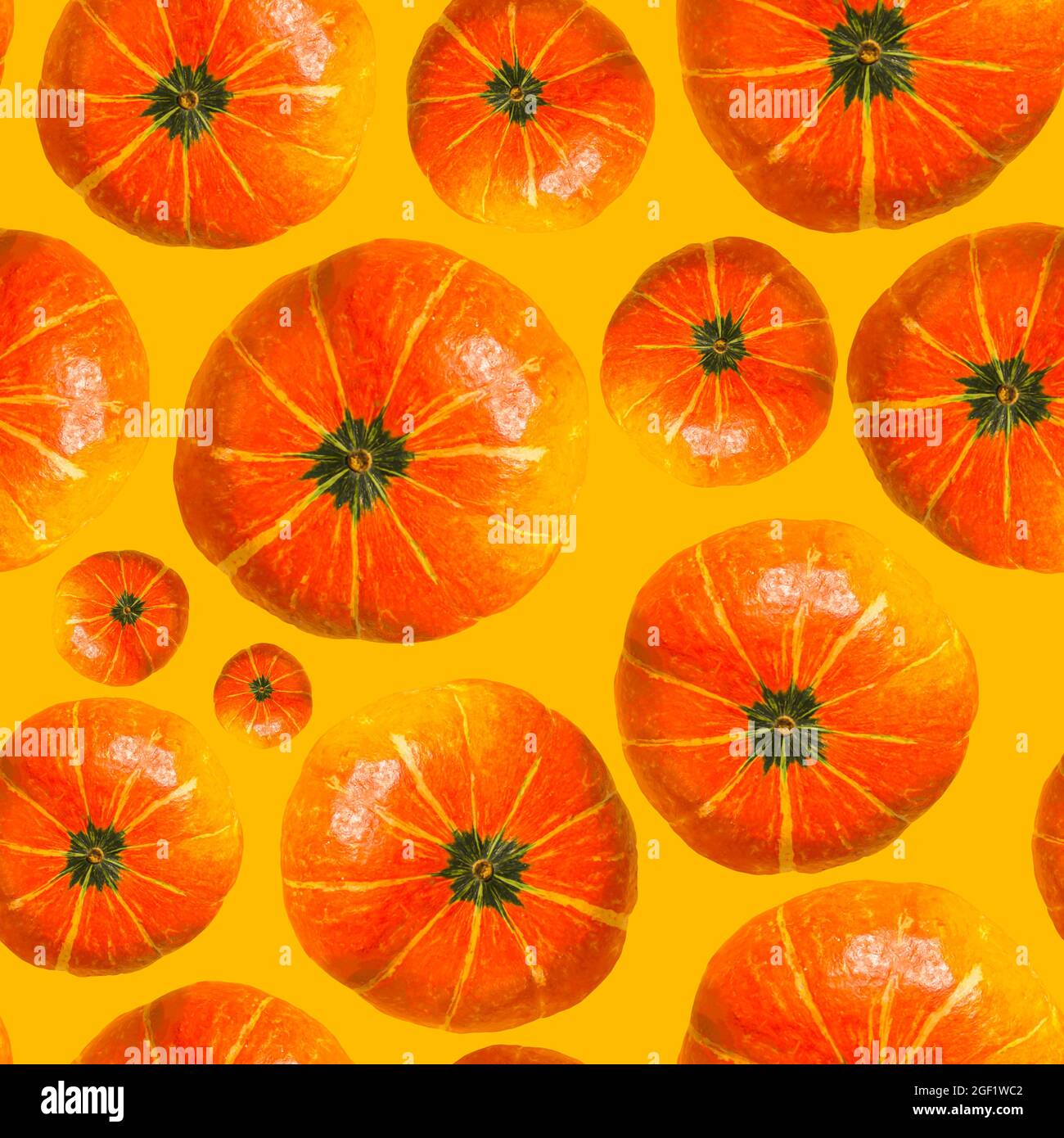 Pumpkin seamless pattern. Collage on a yellow background. Stock Photo