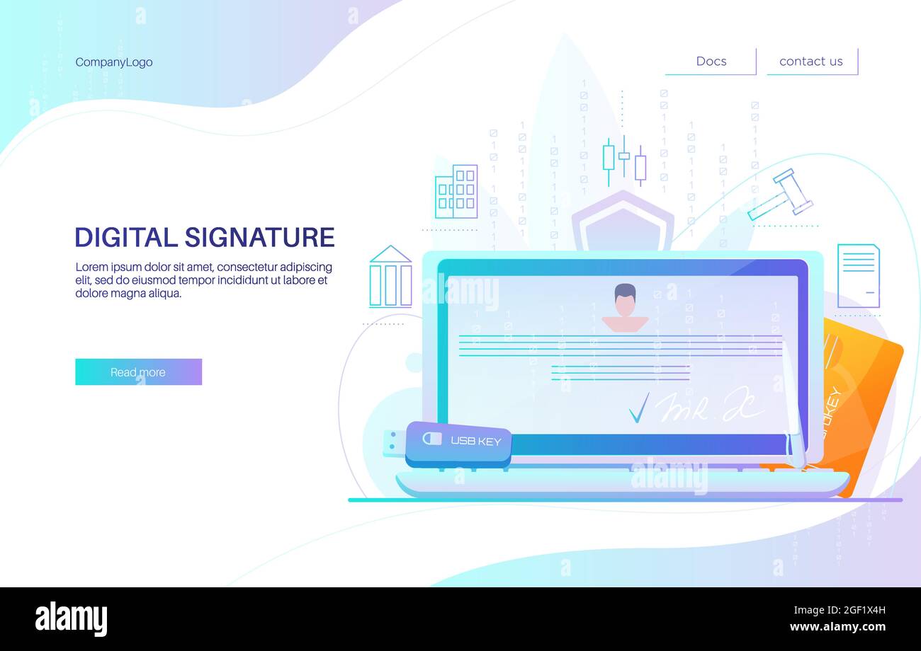 Digital signature landing page design, website banner vector template. Electronic document on laptop, card and usb key. Stock Vector