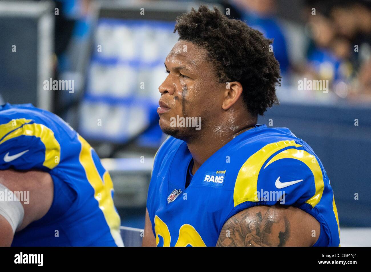 Los Angeles Rams offensive tackle Alaric Jackson (68) during a NFL  preseason game against the Las Vegas Raiders, Saturday, August 21, 2021, in  Inglewood, CA. The Raiders defeated the Rams 17-16. (jon