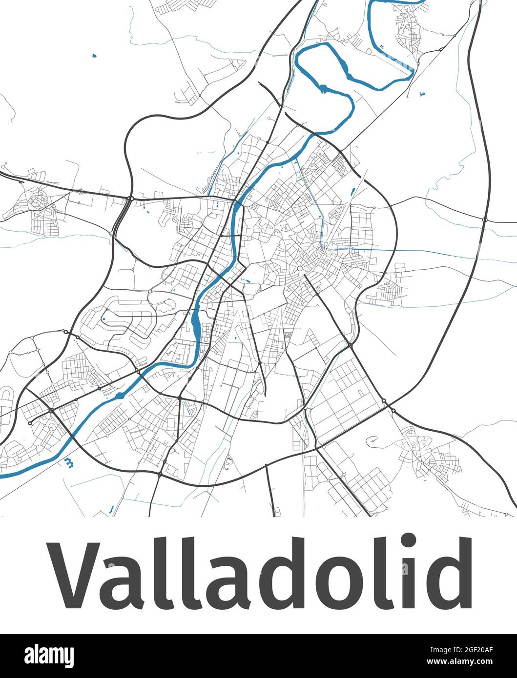 Valladolid map. Detailed map of Valladolid city administrative area. Cityscape panorama. Royalty free vector illustration. Outline map with highways, Stock Vector