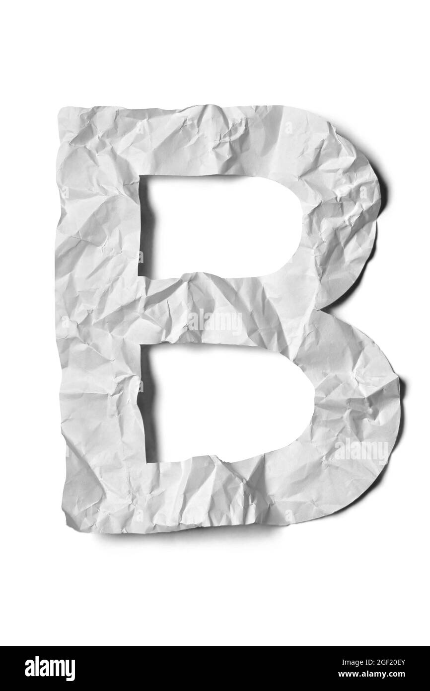 Crumpled Paper Texture Alphabet Letter B, White Creased Paper, Isolated on White Background. Stock Photo