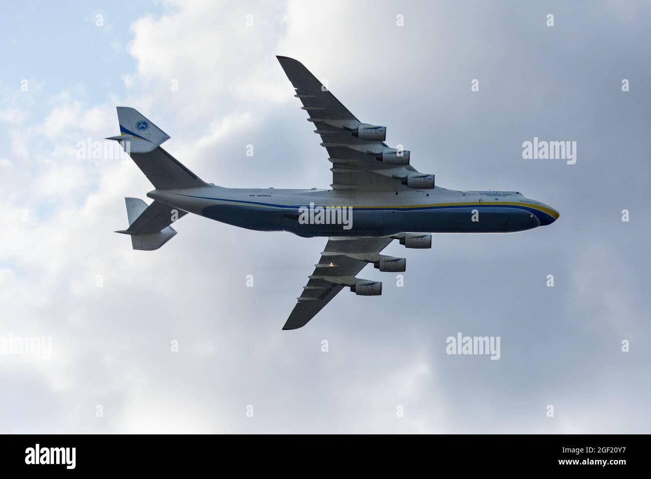 KYIV, UKRAINE - AUGUST 22, 2021: Ukrainian Antonov An-225 Mriya plane fly during a rehearsal for the Independence Day military parade in central Kyiv (Photo by Aleksandr Gusev/Pacific Press/Sipa USA) Stock Photo