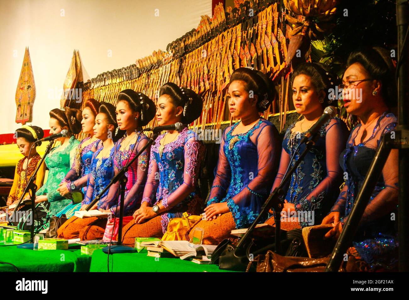 The sinden who were at the shadow puppet show. They are traditional singers whose job is to sing songs requested by a dalang during performances. Stock Photo