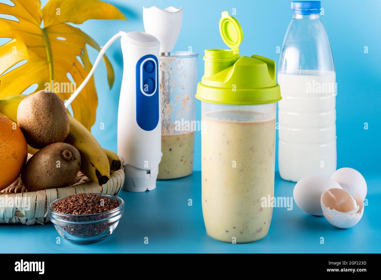 Making a protein shake. Protein shake with fruits and seeds. Cocktail