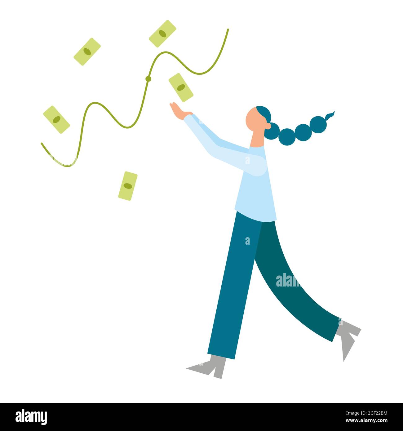 Business concept cash flows of company and female accountant catche money. Cash flow chart. Girl control financial flows of company.Raster cartoon Stock Photo