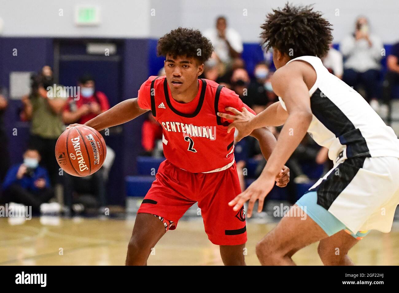 Centennial Huskies guard Donovan Dent (2) during the 2021 CIF Southern Section Championship basketball game on Friday, June 11, 2021, in Chatsworth. C Stock Photo