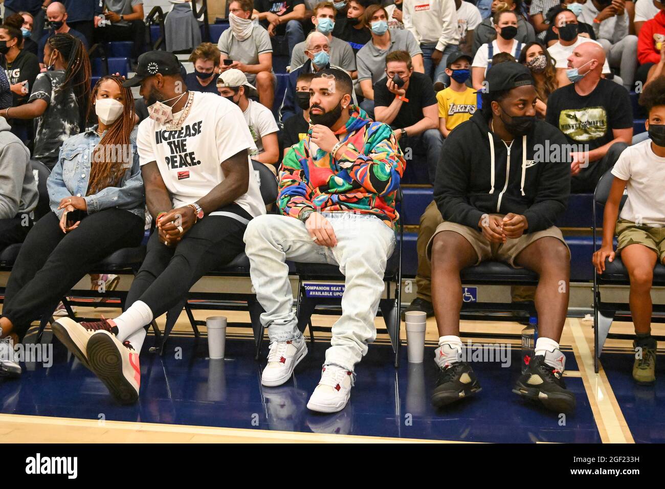 Canadian rapper Drake watches the 2021 CIF Southern Section Championship basketball game on Friday, June 11, 2021, in Chatsworth. Centennial defeated Stock Photo