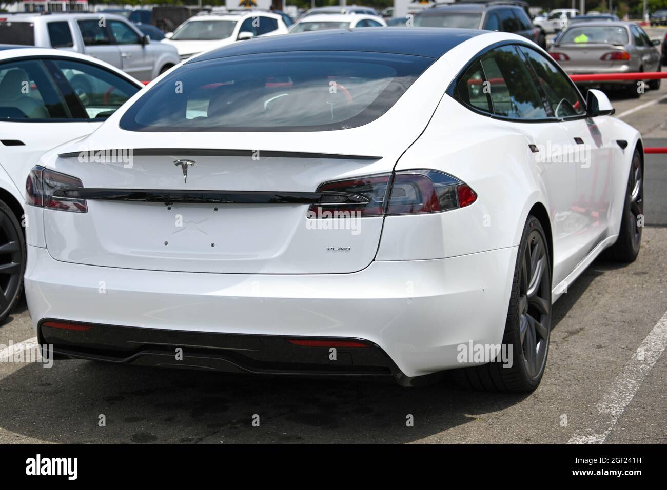 A Tesla Model S Plaid edition is seen at the Tesla Factory and Headquarters on Saturday, July 3, 2021, in Fremont, Calif. The newest vehicle in the Te Stock Photo