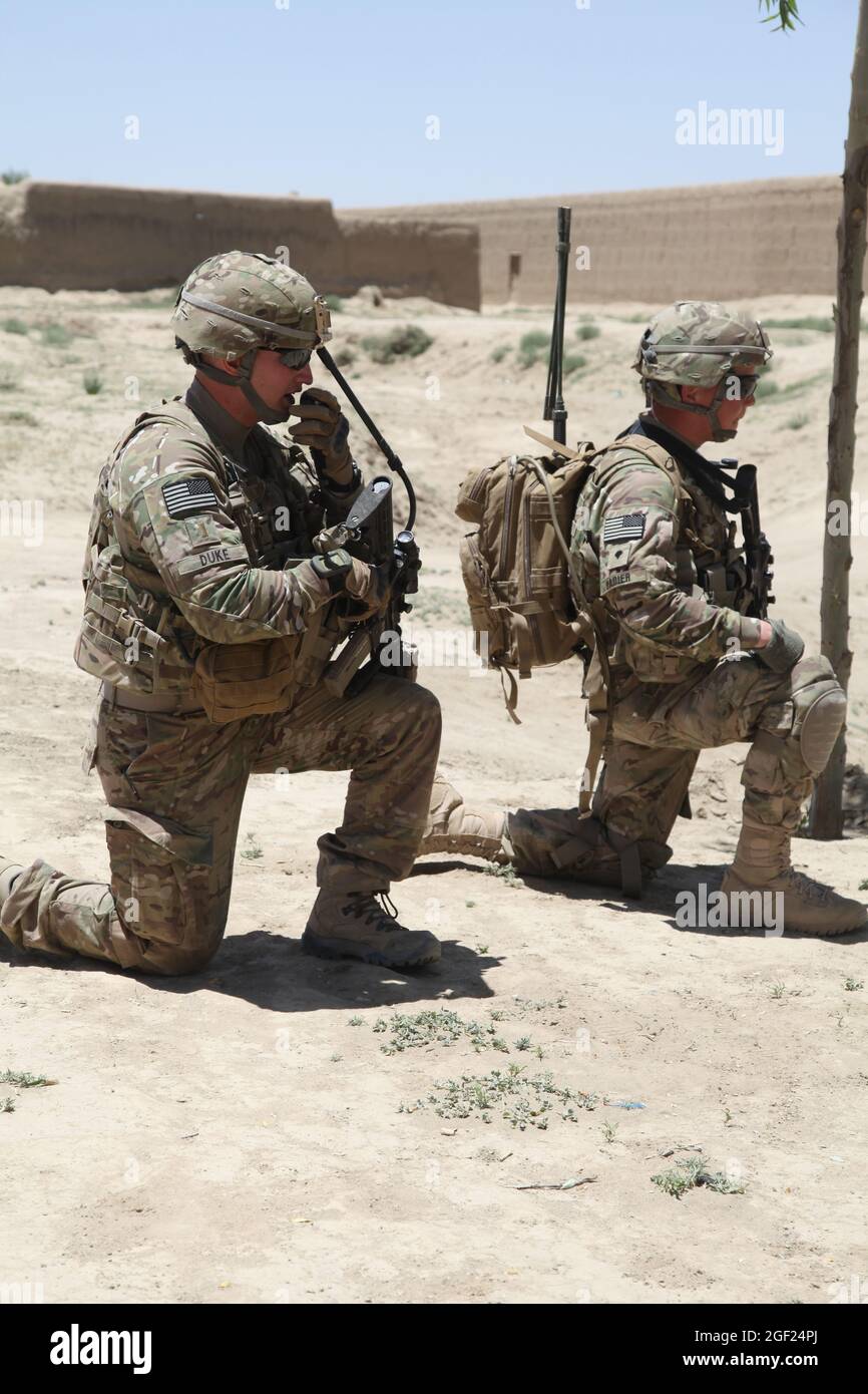 U.S. soldiers assigned to Alpha Troop, 1st Battalion, 4th Cavalry Regiment, provide security while conducting a route clearance mission in the village of Janubi, Paktika province, Afghanistan, June 1, 2012. (U.S. Army photo by Spc. David J. Barnes / Released) Stock Photo