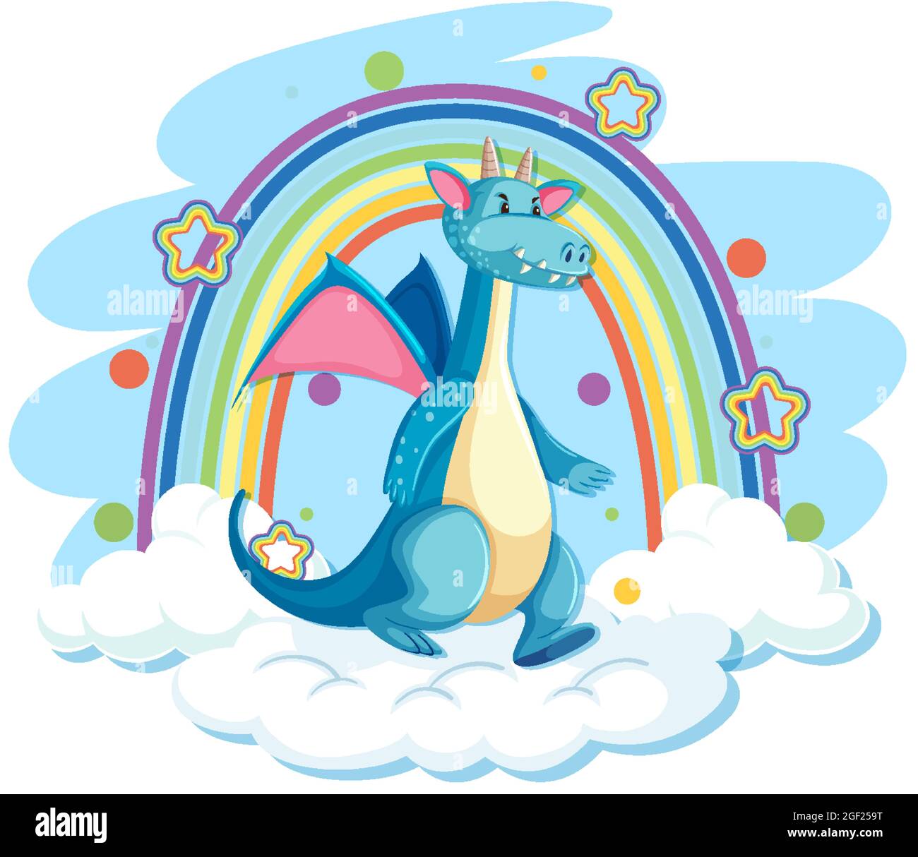 Cute blue dragon on the cloud with rainbow illustration Stock Vector ...