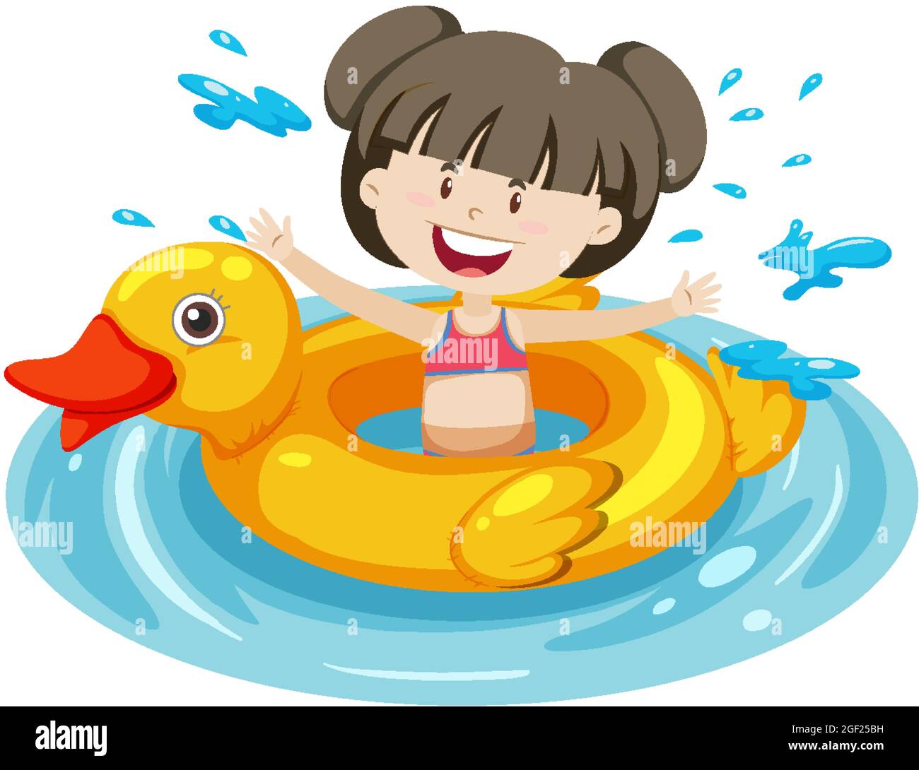 Cute girl with duck swimming ring in the water isolated illustration