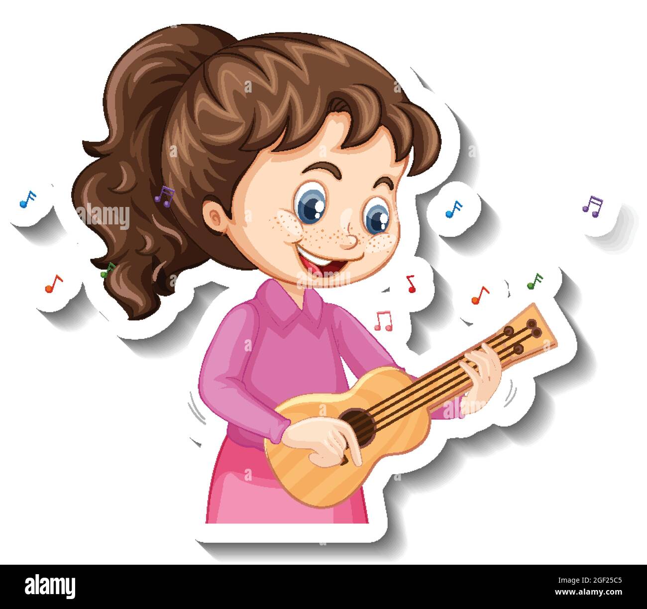 Cartoon character sticker with a girl playing ukulele illustration