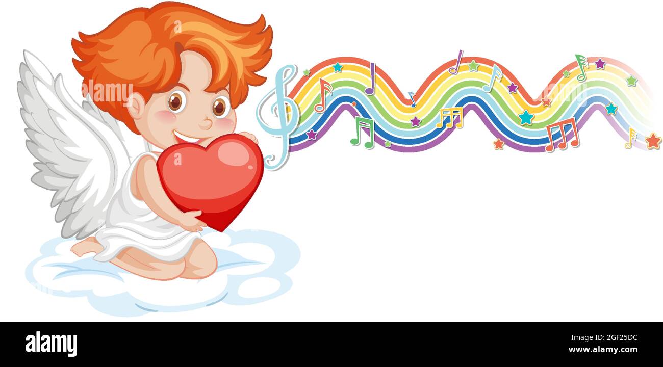 Cupid boy holding heart with melody symbols on rainbow wave ...