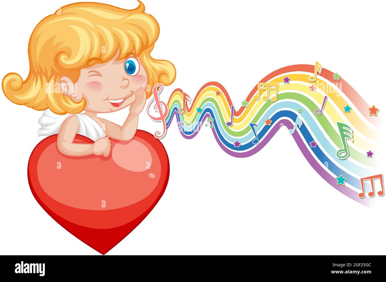 Cupid girl holding heart with melody symbols on rainbow wave ...
