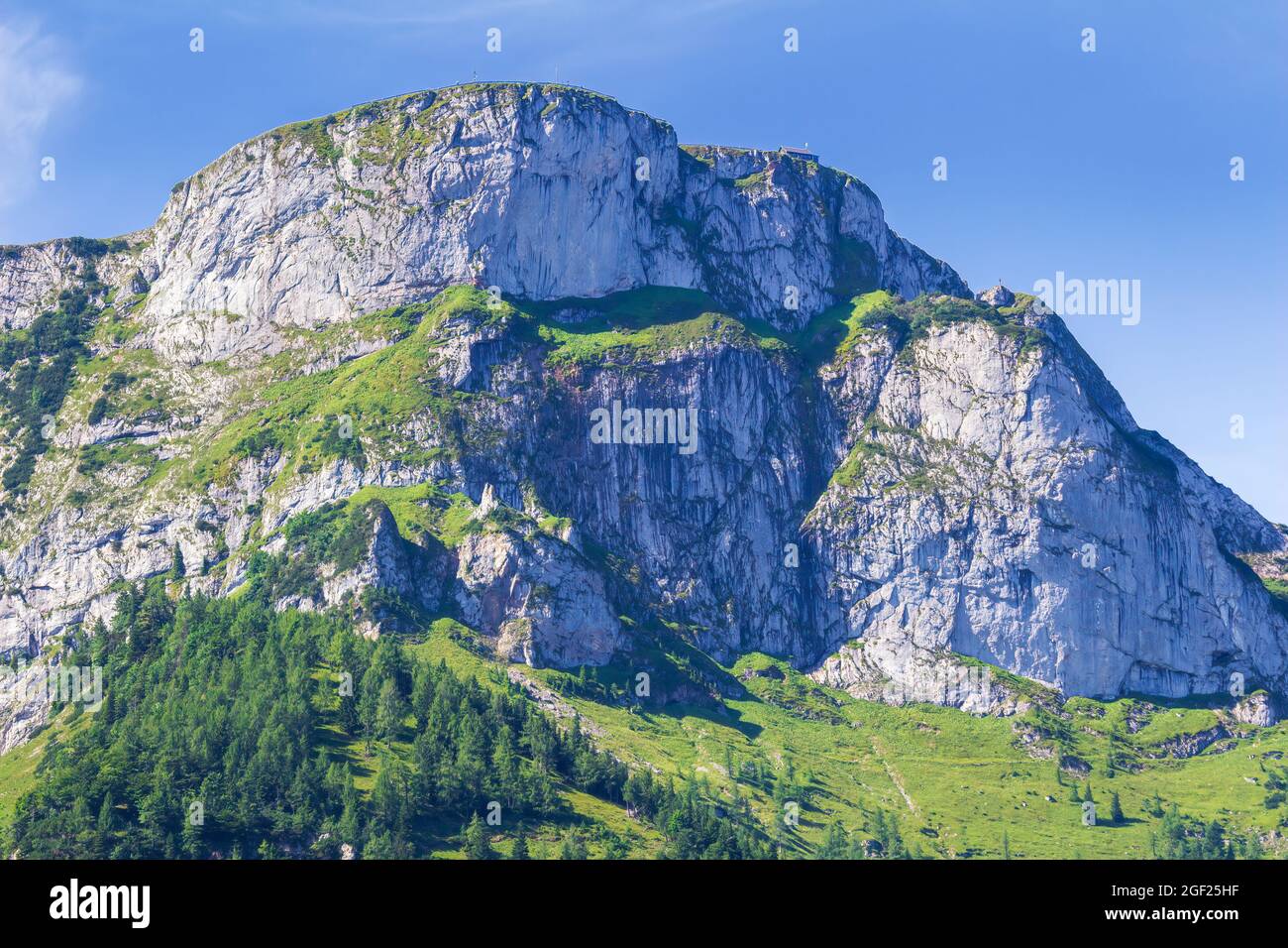 Top of Schafberg mountain with blue sky. Austria Alp landscape Stock