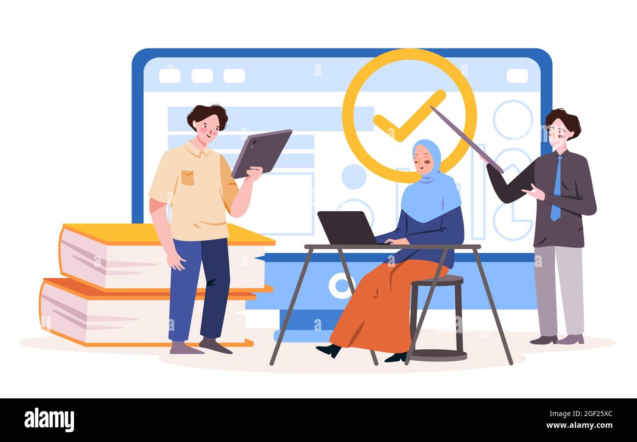 the man is standing to explain consensus or some general agreement, the woman is sitting in front of laptop write it, someone as a guidance Stock Vector